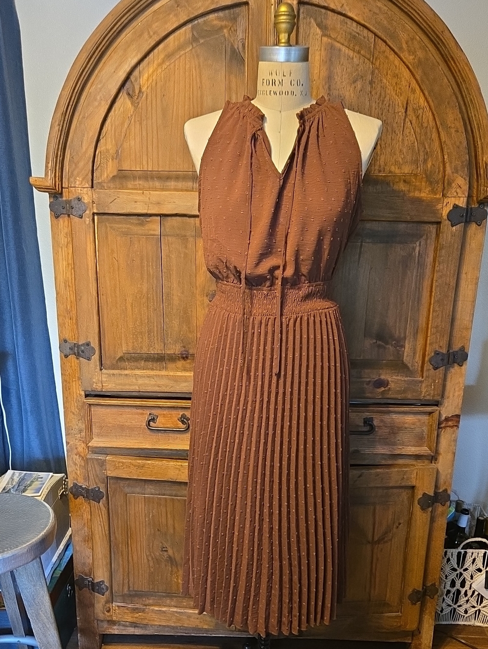 Smocked Waist Brown Midi Halter Style Dress